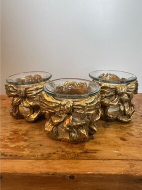 Vintage Gold Tone Bow Resin and Glass Votive Candle Holders